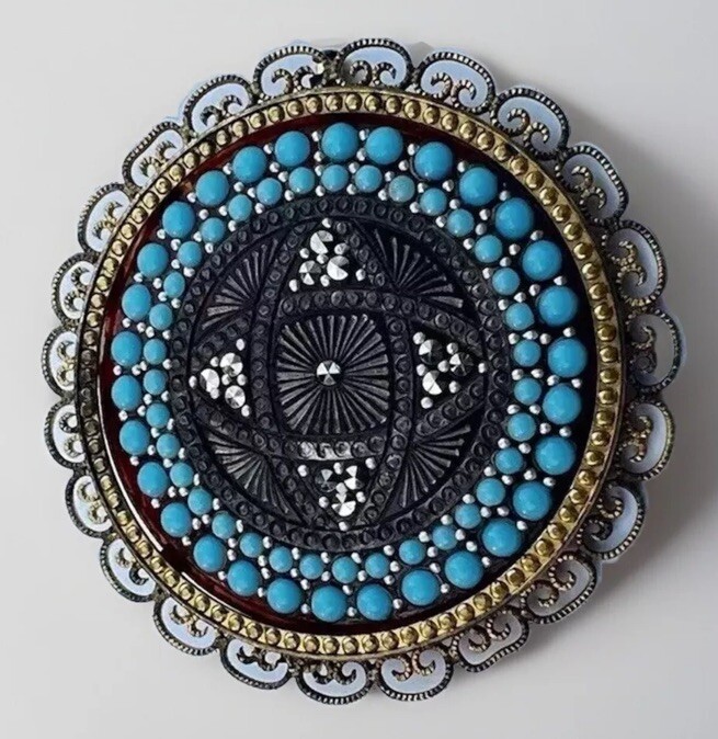 VTG Art Deco Framed Ornate Lucite Marcasite Blue Turquoise Brooch Trombone Clasp