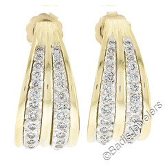 Two Tone Gold 1.35ctw Pave Set Round Diamond Large Grooved Cuff Earrings