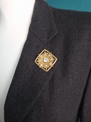 Vintage USSR Brooch | Art Deco Style | Gold Tone Brass with White Glass Stone
