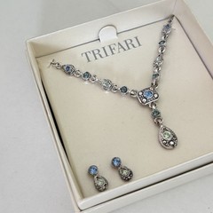 New Trifari Blue Rhinestone Silver Tone Drop Necklace Pierced Earrings Set