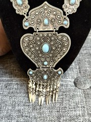Vintage Bohemian Gothic Art Silver Alloy Pressed Metal Faux Blue Turquoise
