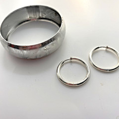 3pc VTG Brushed Silver Bangle 8” Silver Tone Push Clip On Hoop Earrings