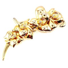 Vintage Estate Goldtone 3D Brooch Flowers Lilies Crystals Heavy Long Statement Q