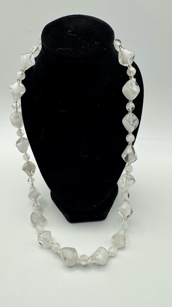 Chunky White Clear Irregular Art Glass Bead Statement Necklace Contemporary 18”