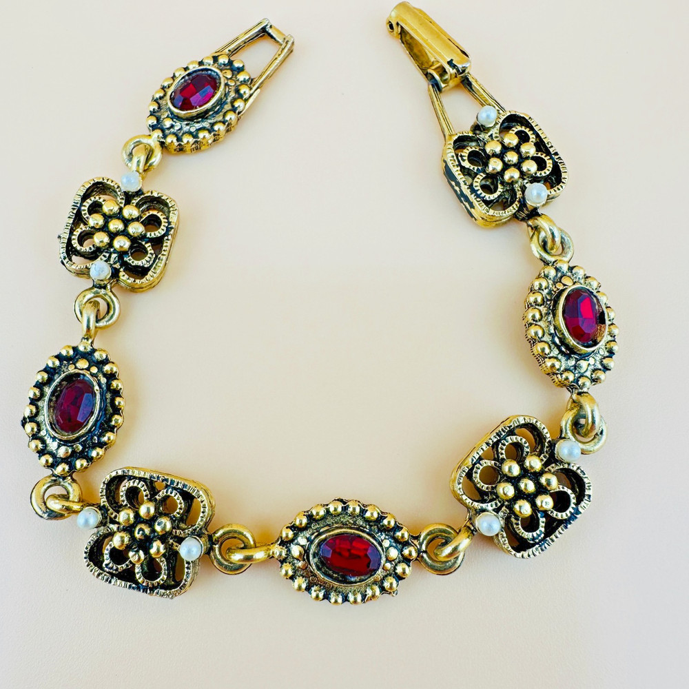 Vintage Victorian Revival Bracelet Red Rhinestone Gold Tone Faux Seed Pearl 6.2″