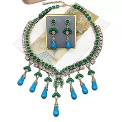 Victorian Turquoise & Emerald Green Statement Necklace Set Vintage Gold Jewelry