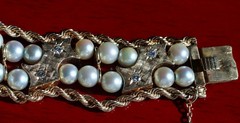 14k yellow gold bracelet 5-5.5mm cultured pearl 0.5ct diamond 7.5″ antique 43.0g
