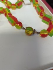 Vtg Multi-Colored Bakelite Cube Ball Necklace with Gold-Plated Clasp Metal Beads