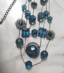 Multi-strand Blue Glass Metal Filigree Plastic Faceted Beads Squares Necklace