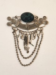 Bohemian Style Brooch Vintage Green Oval Stone Silver Tone 3.5 inches long