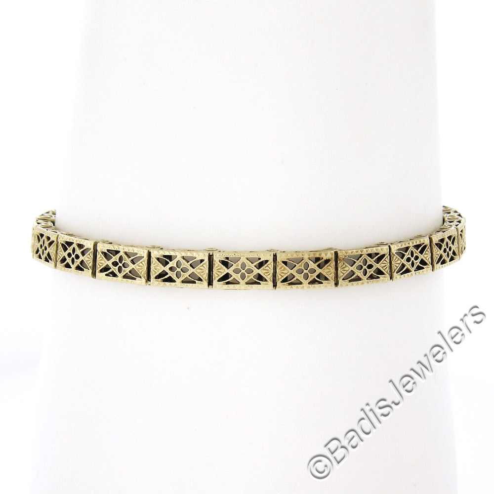 Antique Art Deco Rare Yellow Gold 7″ 5.2mm Open Filigree Work Line Bracelet