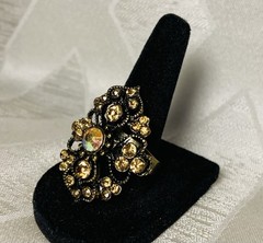 Vintage Aurora Borealis Rhinestone Ornate Statement Cocktail Ring Adjustable