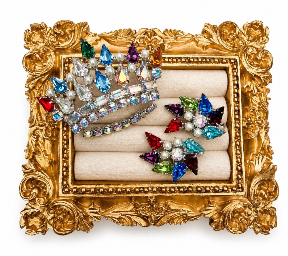 Vintage B David Rhinestone Crown Brooch Earring Set Multicolor