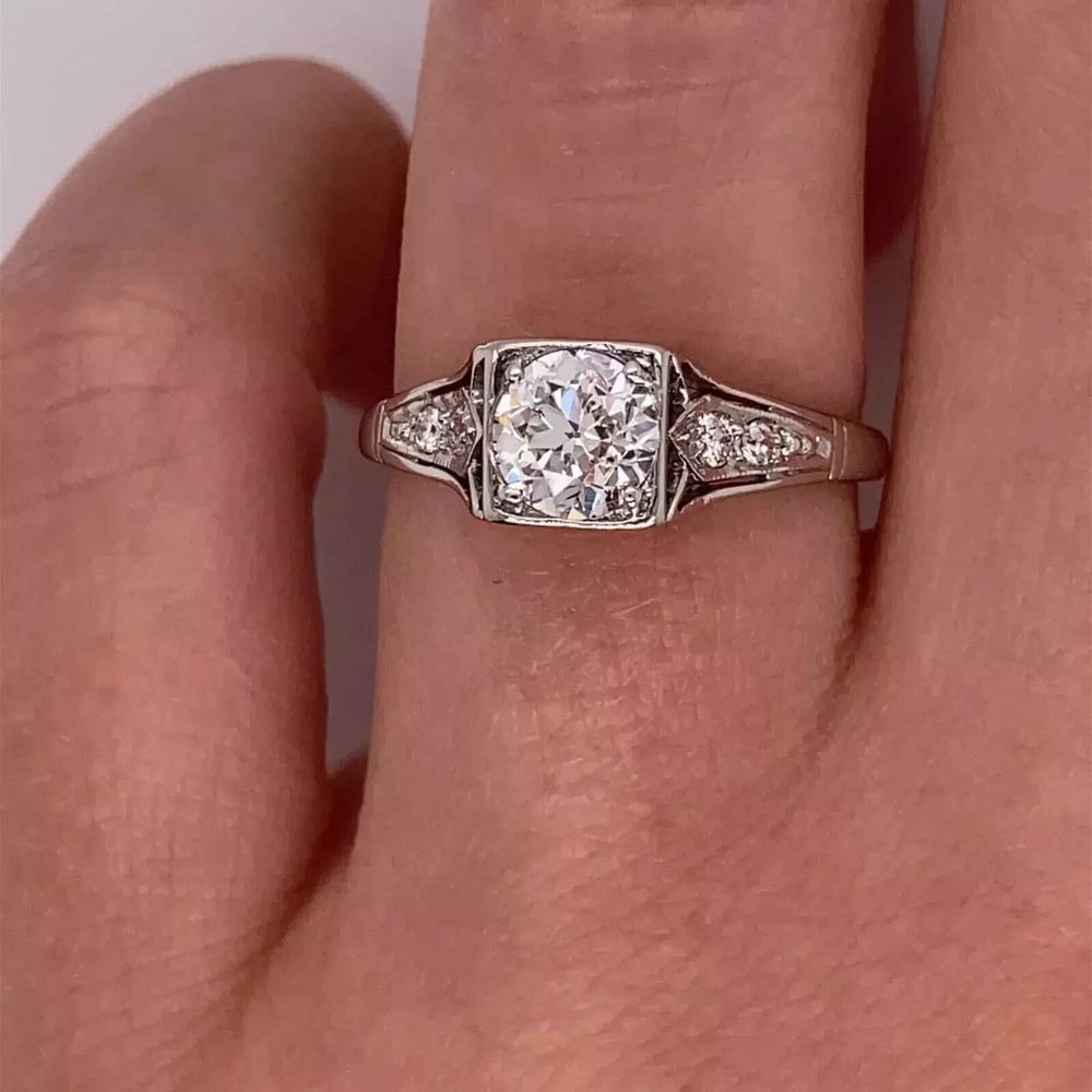 Vintage Art Deco Lab Created Diamond Filigree 14K White Gold FN Engagement Ring