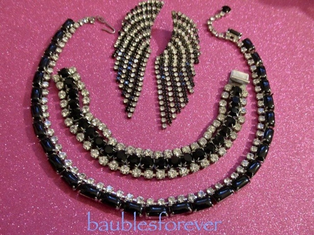 Vintage Jet Black & Clear Rhinestone Necklace Bracelet & Pierced Earrings SET