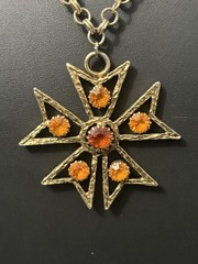 Vintage Edlee Pendant Necklace Maltese Cross Rhinestone Starburst Gold Tone 30”