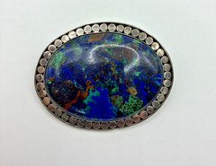 Vintage Brooch Sterling Silver Azurite Malachite Oval Blue Green Gemstone