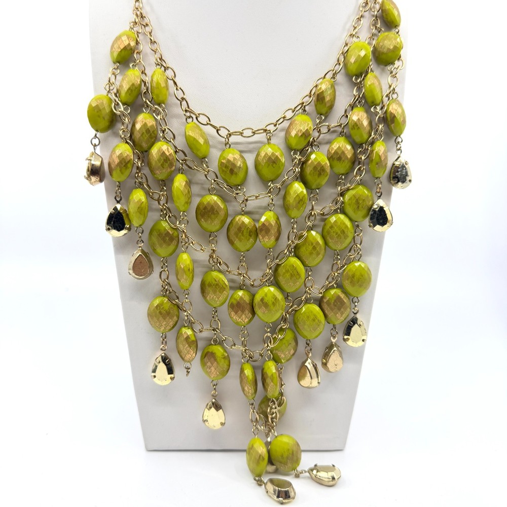 Necklace Vintage Gold Tone Lime Green Bead Bib Statement Bold Chunky Retro Y2K