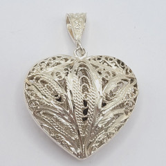 Heart Open Metal Southwestern Style Silver Plated Filigree Puffy Puffed Pendant