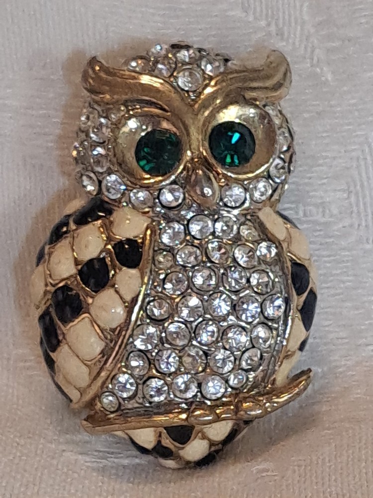 Vintage Goldtone Enamel Rhinestone Green Eyed Owl Brooch