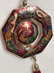 Vintage Cloisonné Red Floral Peacock Enameled Hexagon Tassel Necklace Bird New
