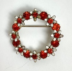 Vintage Gold-Tone, Red Rhinestone & White Enamel Circular Brooch 1.5″ Diameter