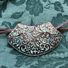 Vintage Adjustable Brown Faux Leather Cord Necklace Patina Scroll Pendant