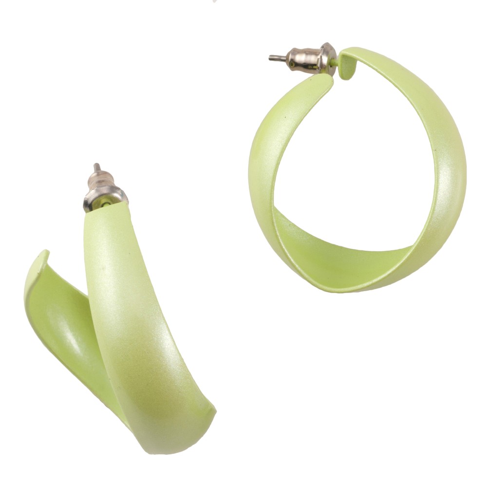 Pastel Lime Green Enamel Curved Hoop Pierced Earrings 1″ 1980s Retro