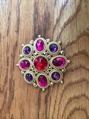 Vintage Gold Tone Brooch With Purple Pink Red Cabochons 2.5”