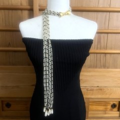 Vtg Jomaz/Joseph Mazer Signed Pearl/Blk Bead Lariat Necklace–7 Strand Scarf Styl