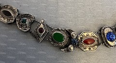 50s Vintage Victorian Revival Jeweled Slide Charm Bracelet Silvertone Enamel 7”