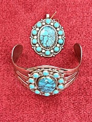 Vintage Bell Trading Post Nickel Silver Cuff & Pendant Set Faux Turquoise