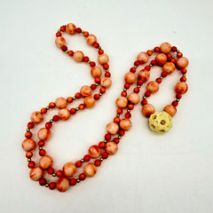 VTG Angel Skin Coral Necklace 36in Carved White Chinese Puzzle Ball 11mm OOAK