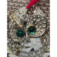 Vintage Owl Brooch Pin Gold Tone White Enamel Green Eyes Rhinestone Jewelry