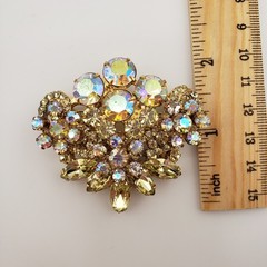 Vintage Rhinestone Brooch Aurora Borealis Yellow Marquise Gold Tone Fan Shape
