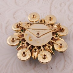 Vintage Vivid Green Marquise Rhinestone Cabochon Gold Tone Layered Pin Brooch