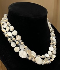Vintage Triple Strand Shell MOP Crystal Wood Bead Necklace 17” Layered Boho Chic