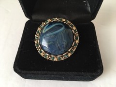 Vintage Large Blue Cabochon Brass Ring W Stars Green Rhinestones