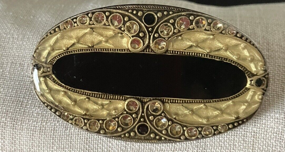 Brooch Pin Gold Black Enamel Rhinestone Brooch Trombone Clasp Art Deco