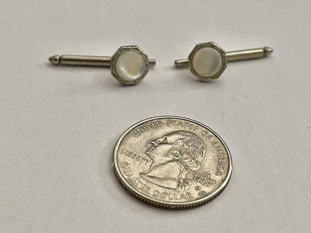 Antique Victorian Edwardian Silvertone Mother of Pearl Cufflink Stud Button