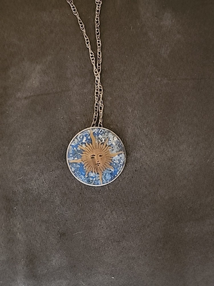 Vintage Taxco Sterling Silver Sun Face Pendant Blue Stone Inlay /Sterling Chain