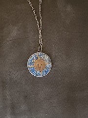 Vintage Taxco Sterling Silver Sun Face Pendant Blue Stone Inlay /Sterling Chain