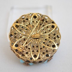 Austria Turquoise Bead Rhinestone Brooch Filigree 34mm Vintage 1950s
