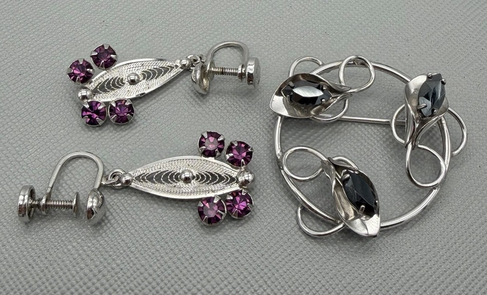 Sorrento Sterling Silver Filigree Screw Back Earrings & Brooch Pin