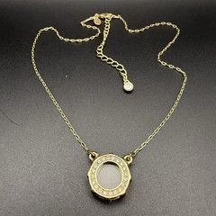 Vintage Gold Tone Glass Charm Rhinestone Halo Pendant Necklace Adjustable Chain
