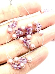 Vintage Sterling Silver Pink Creamy Pearl & Faceted Lilac Crystal Necklace 16”