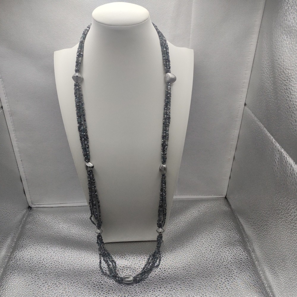 Vintage Shiny Black, Grey, White Necklace 5 Strand Stone Seed Bead Jewelry 17″