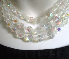 Vintage Prism Cut AB Austrian Crystal Three Strand Necklace 17″ Ornate Catch