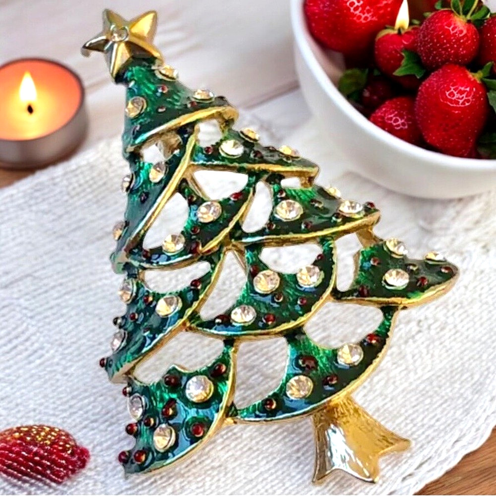 Christmas Tree Vintage Brooch Green Enamel Clear Rhinestones Cut-Outs