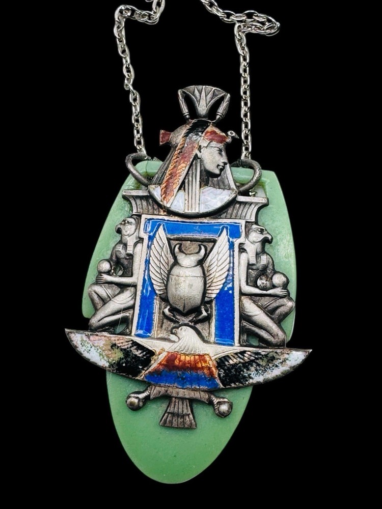 Antique French Egyptian Revival Winged Scarab Galalith Enamel Pendant Necklace